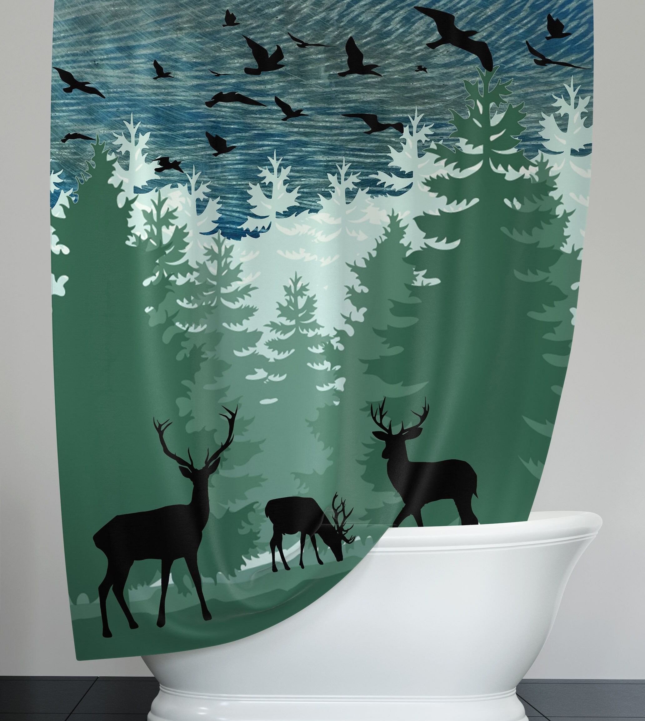 Rustic Blue And Green Forest Deer Shower Curtain With Silhouette Design For Bathroom Decor