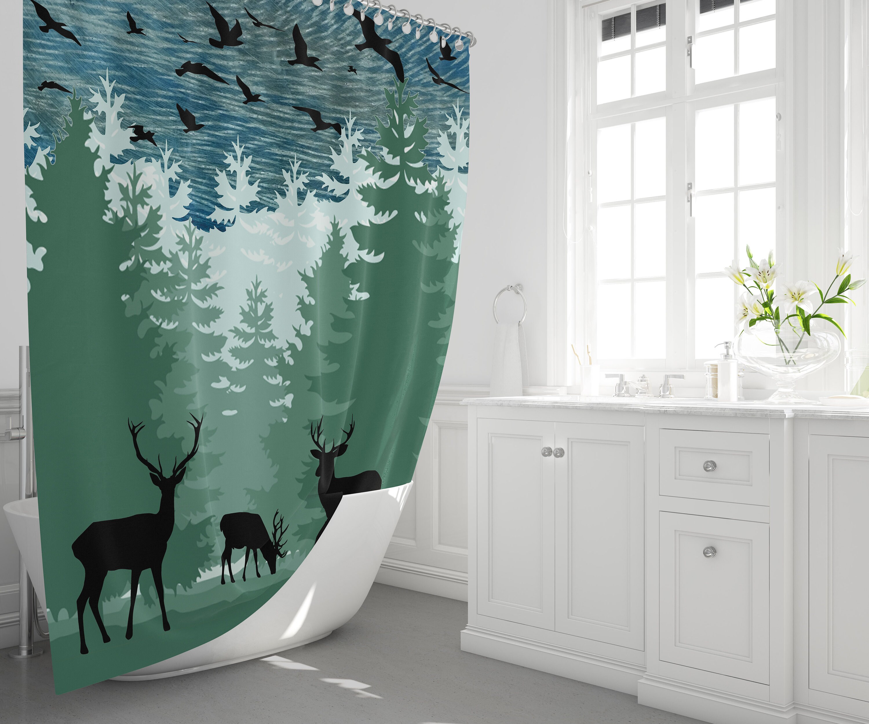 Rustic Blue And Green Forest Deer Shower Curtain With Silhouette Design For Bathroom Decor - Image 2