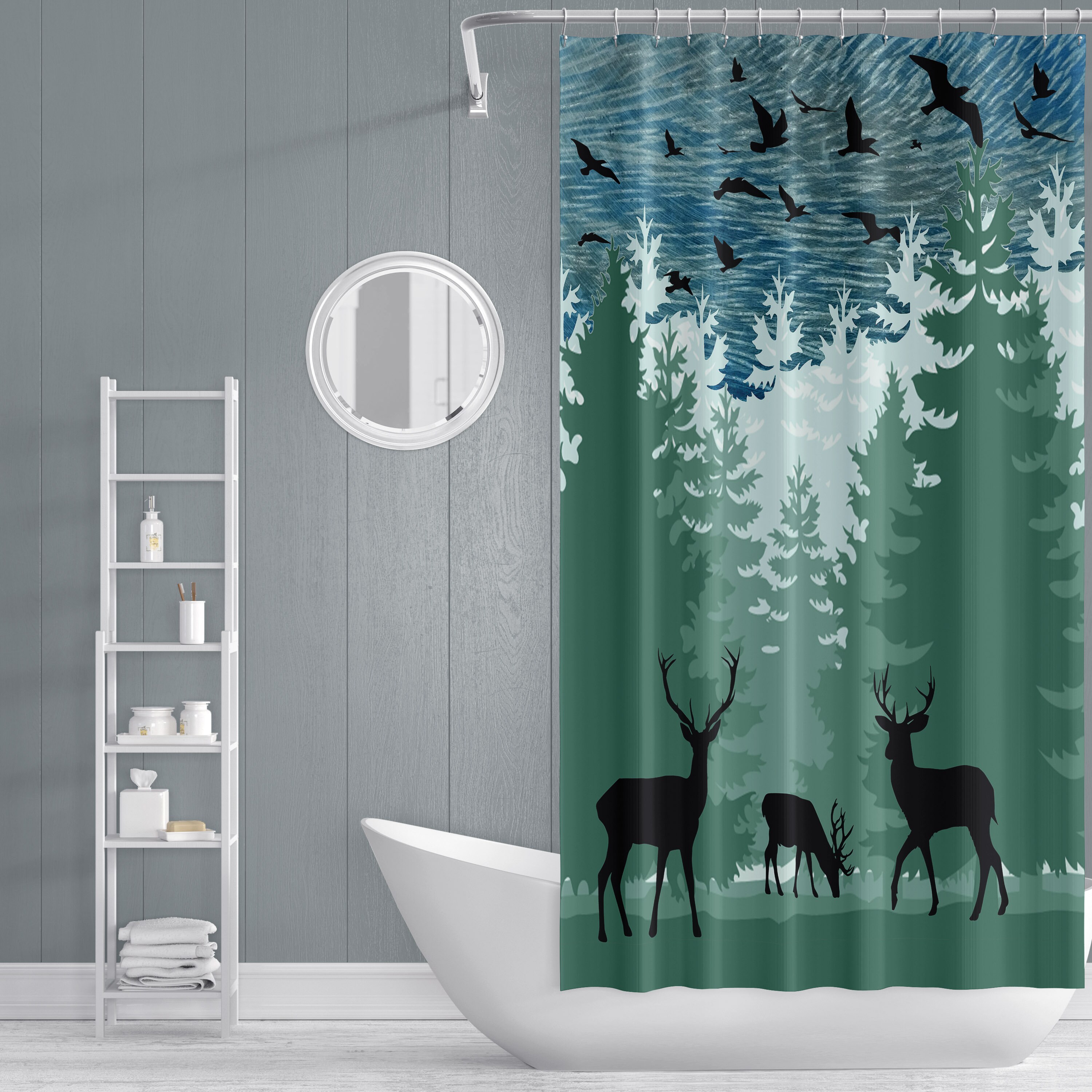 Rustic Blue And Green Forest Deer Shower Curtain With Silhouette Design For Bathroom Decor - Image 3