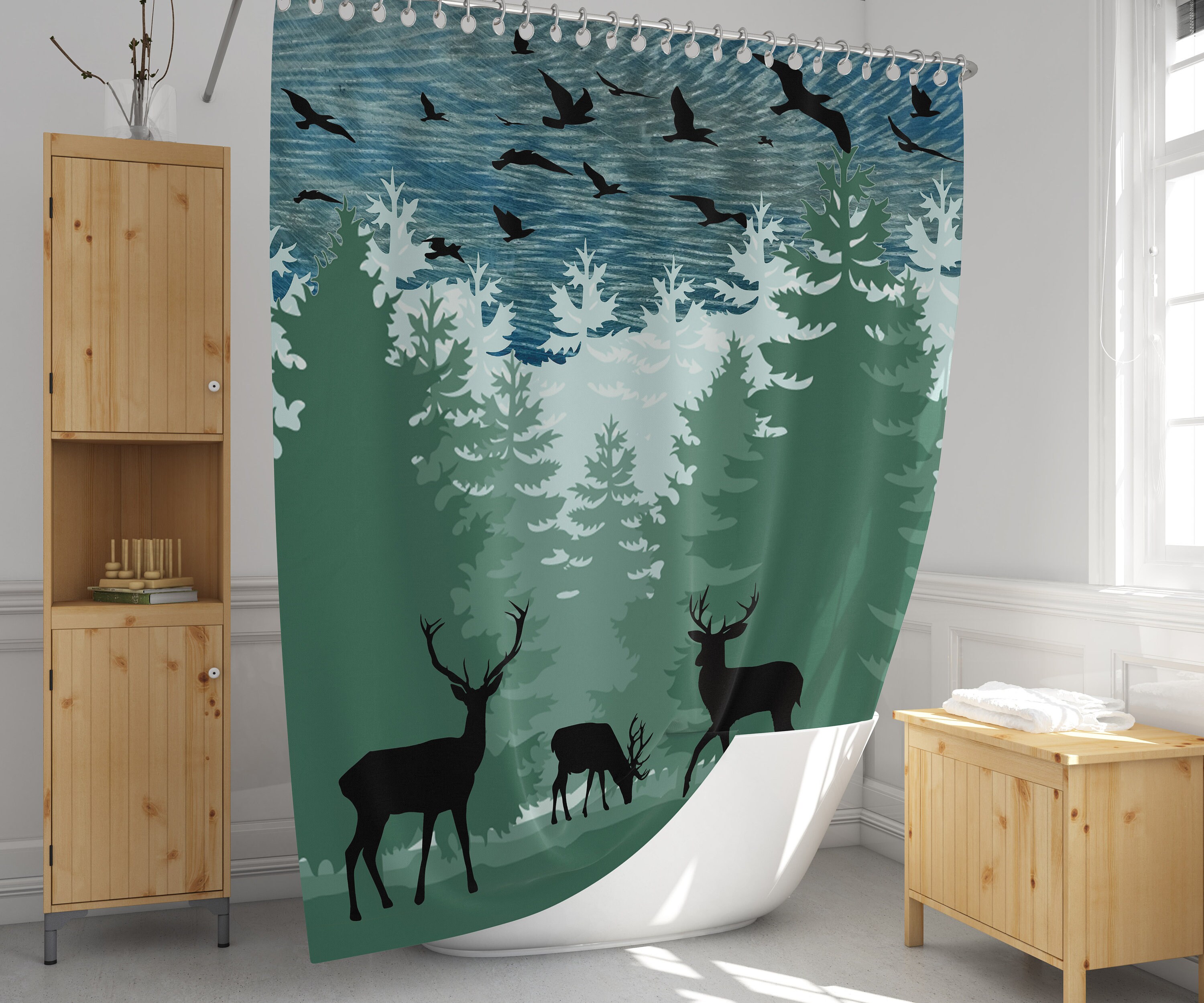 Rustic Blue And Green Forest Deer Shower Curtain With Silhouette Design For Bathroom Decor - Image 4