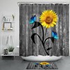 Rustic Blue Butterfly Sunflower Farmhouse Shower Curtain On Retro Plank For Bathroom Decor 