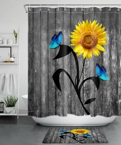 Rustic Blue Butterfly Sunflower Farmhouse Shower Curtain On Retro Plank For Bathroom Decor