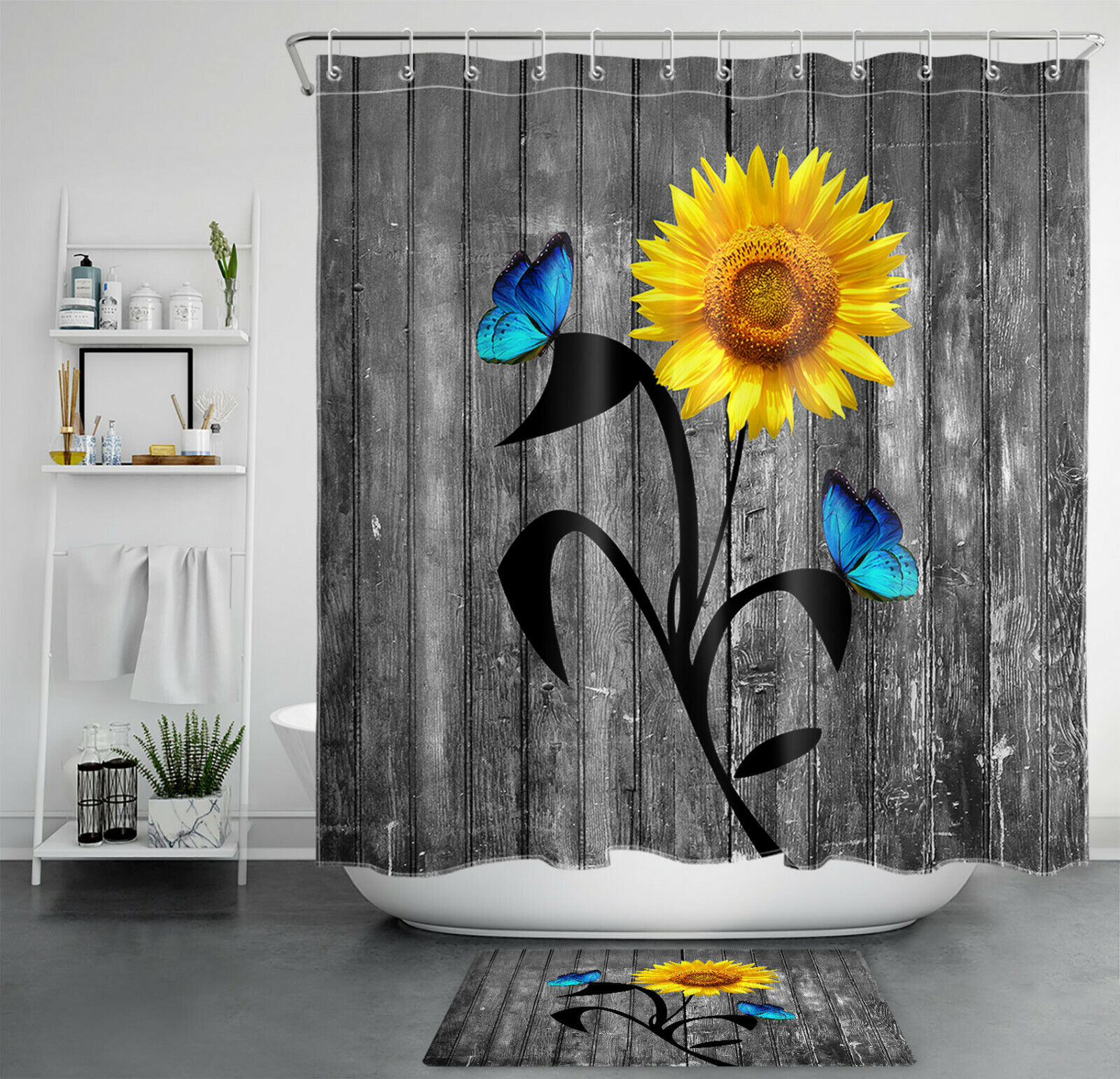 Rustic Blue Butterfly Sunflower Farmhouse Shower Curtain On Retro Plank For Bathroom Decor