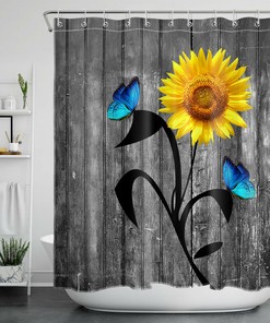 Rustic Blue Butterfly Sunflower Farmhouse Shower Curtain On Retro Plank For Bathroom Decor