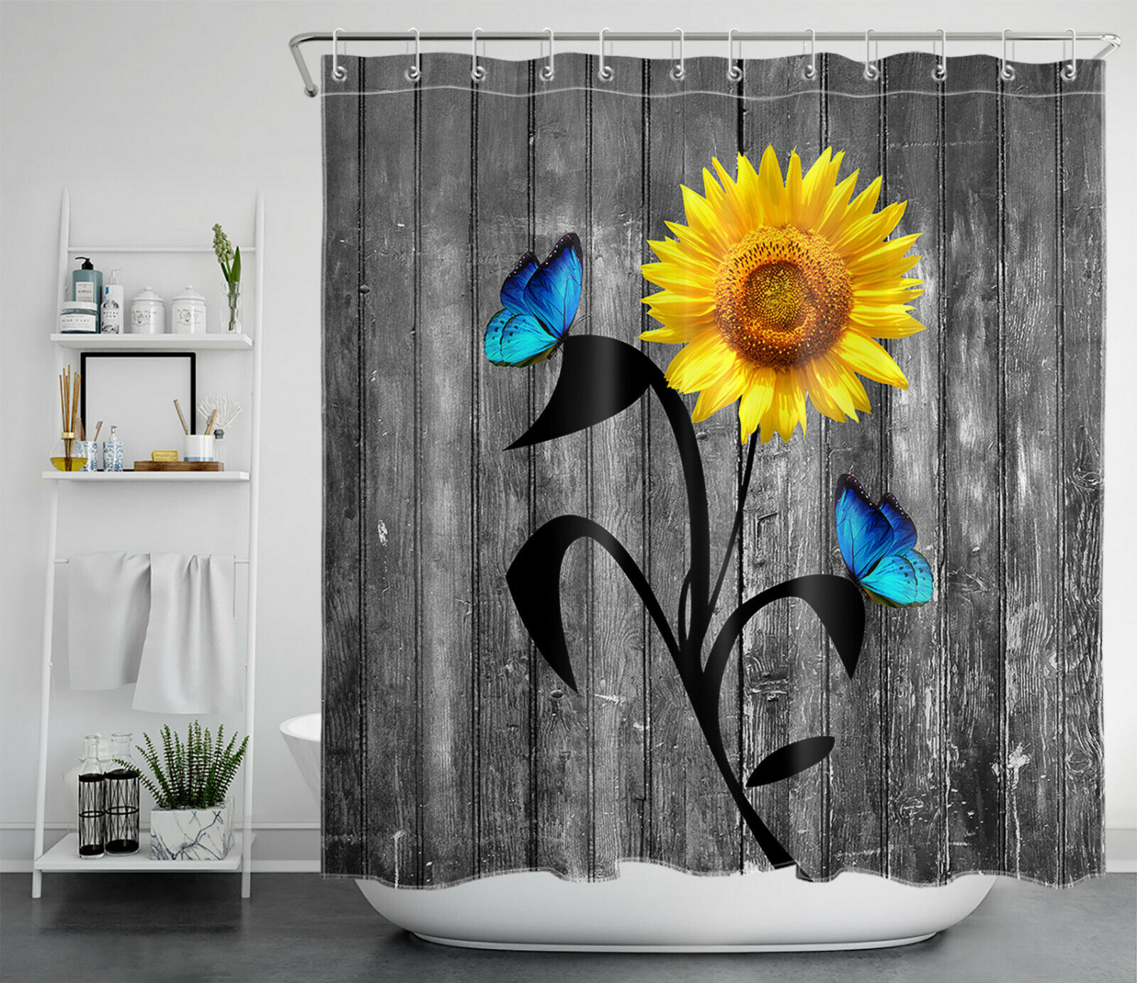 Rustic Blue Butterfly Sunflower Farmhouse Shower Curtain On Retro Plank For Bathroom Decor