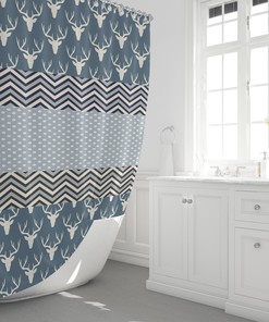 Rustic Blue Deer And Chevron Shower Curtain, Countryside Bathroom Decor With Chevron Pattern