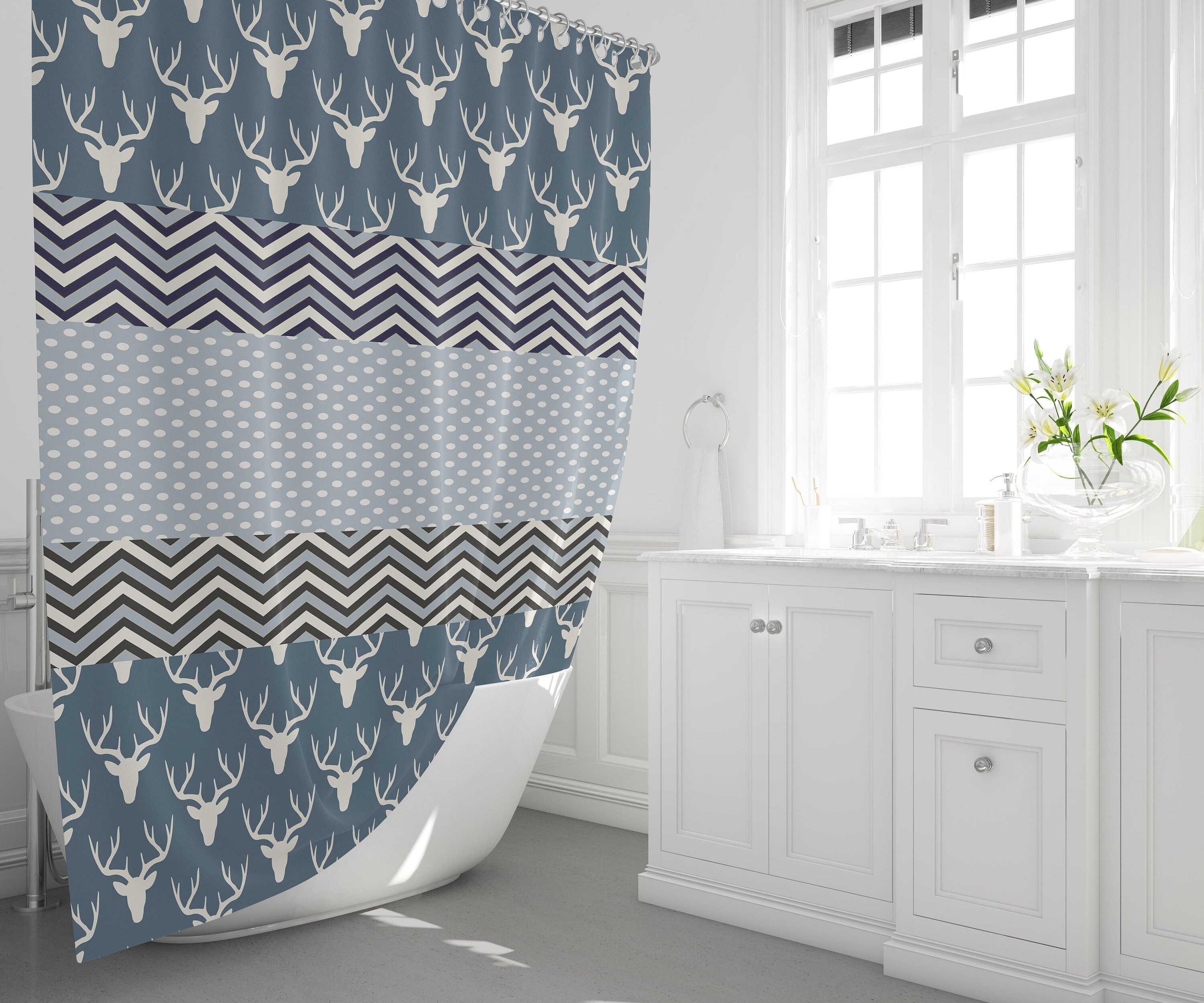 Rustic Blue Deer And Chevron Shower Curtain, Countryside Bathroom Decor With Chevron Pattern