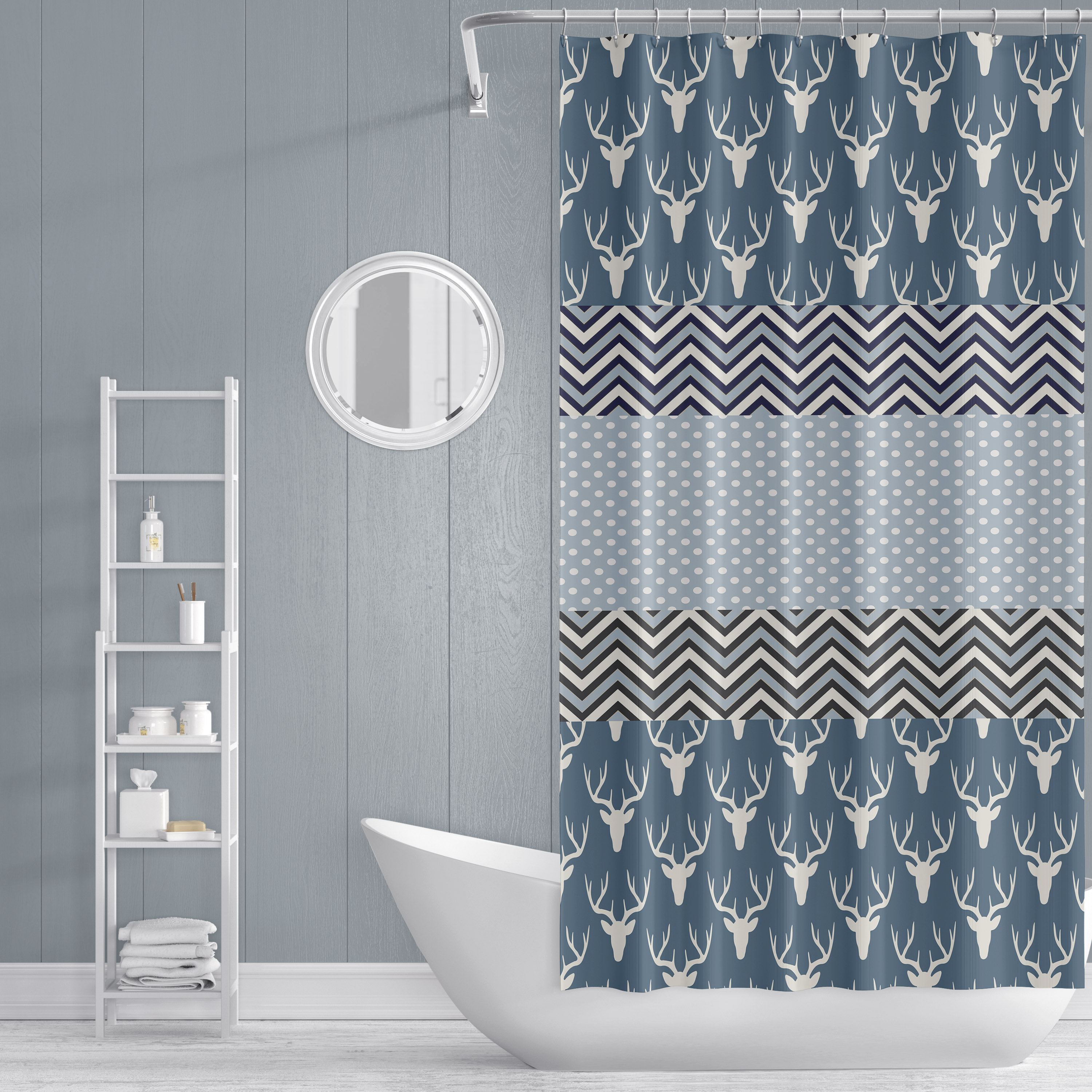 Rustic Blue Deer And Chevron Shower Curtain, Countryside Bathroom Decor With Chevron Pattern - Image 2