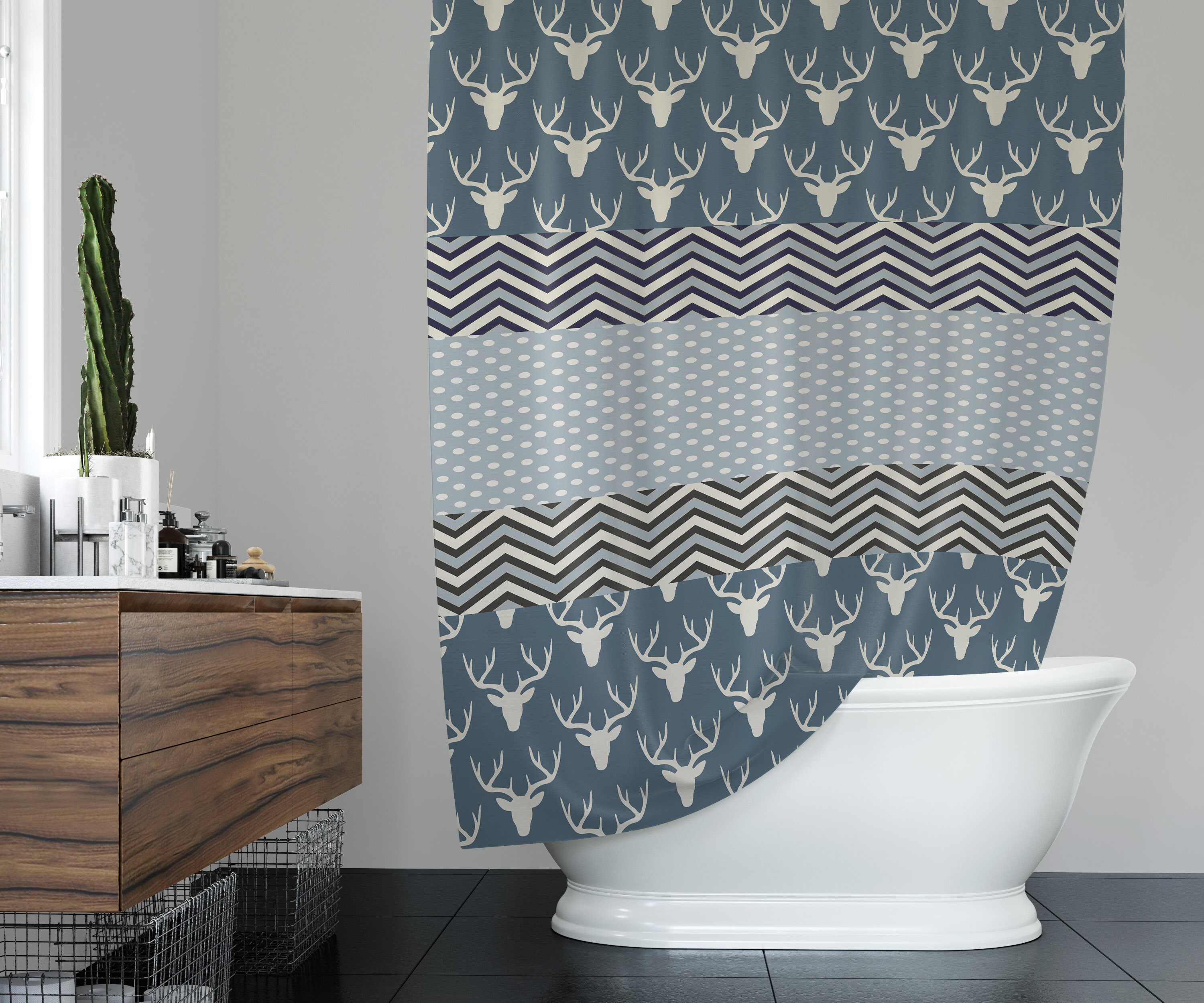 Rustic Blue Deer And Chevron Shower Curtain, Countryside Bathroom Decor With Chevron Pattern - Image 3