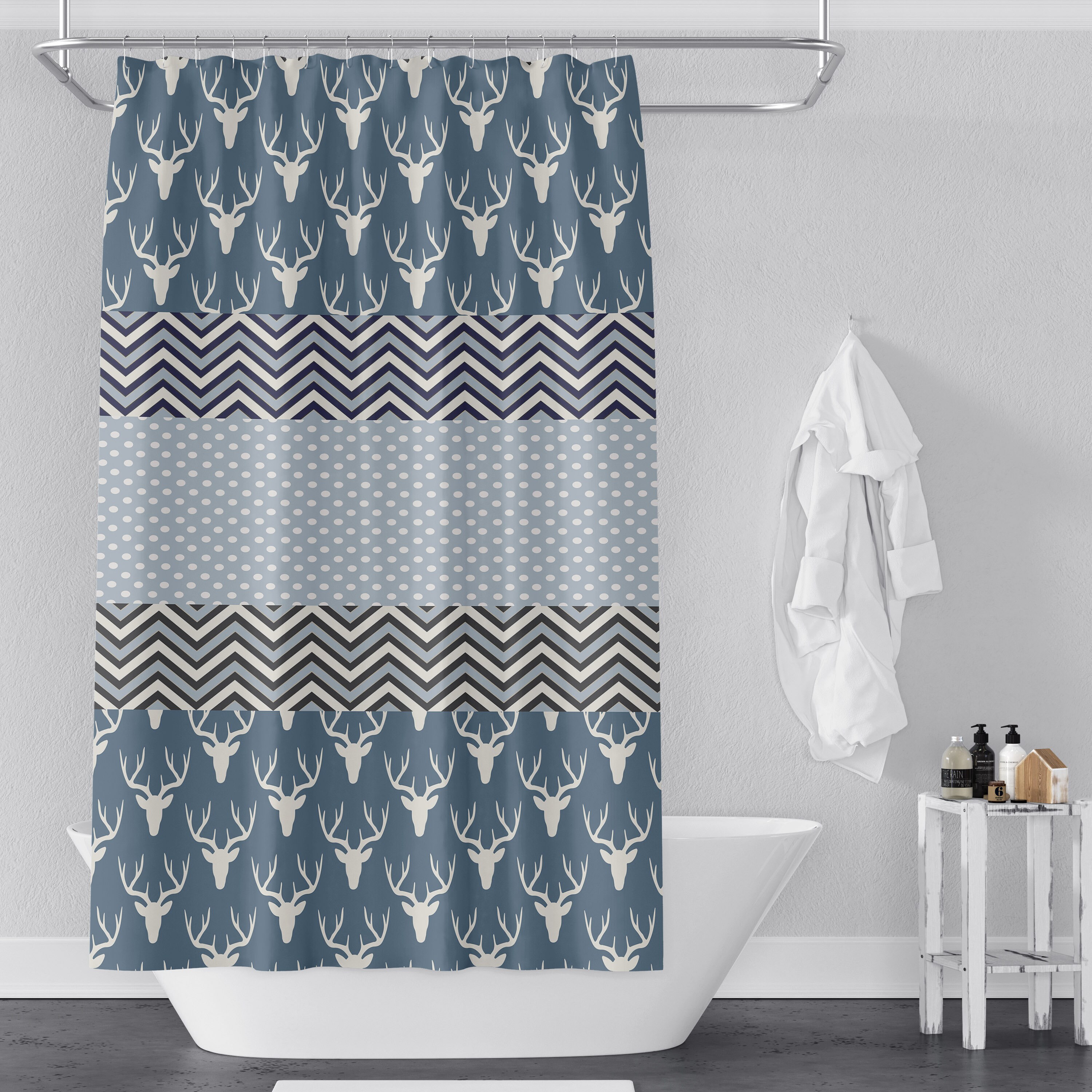Rustic Blue Deer And Chevron Shower Curtain, Countryside Bathroom Decor With Chevron Pattern - Image 4
