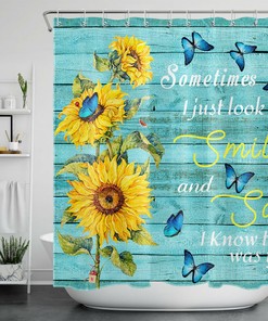 Rustic Board Butterfly Flower Sunflower Shower Curtain Set for Bathroom Decor