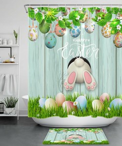 Rustic Board Easter Rabbit Shower Curtain With Funny Blue Eggs For Bathroom Decor