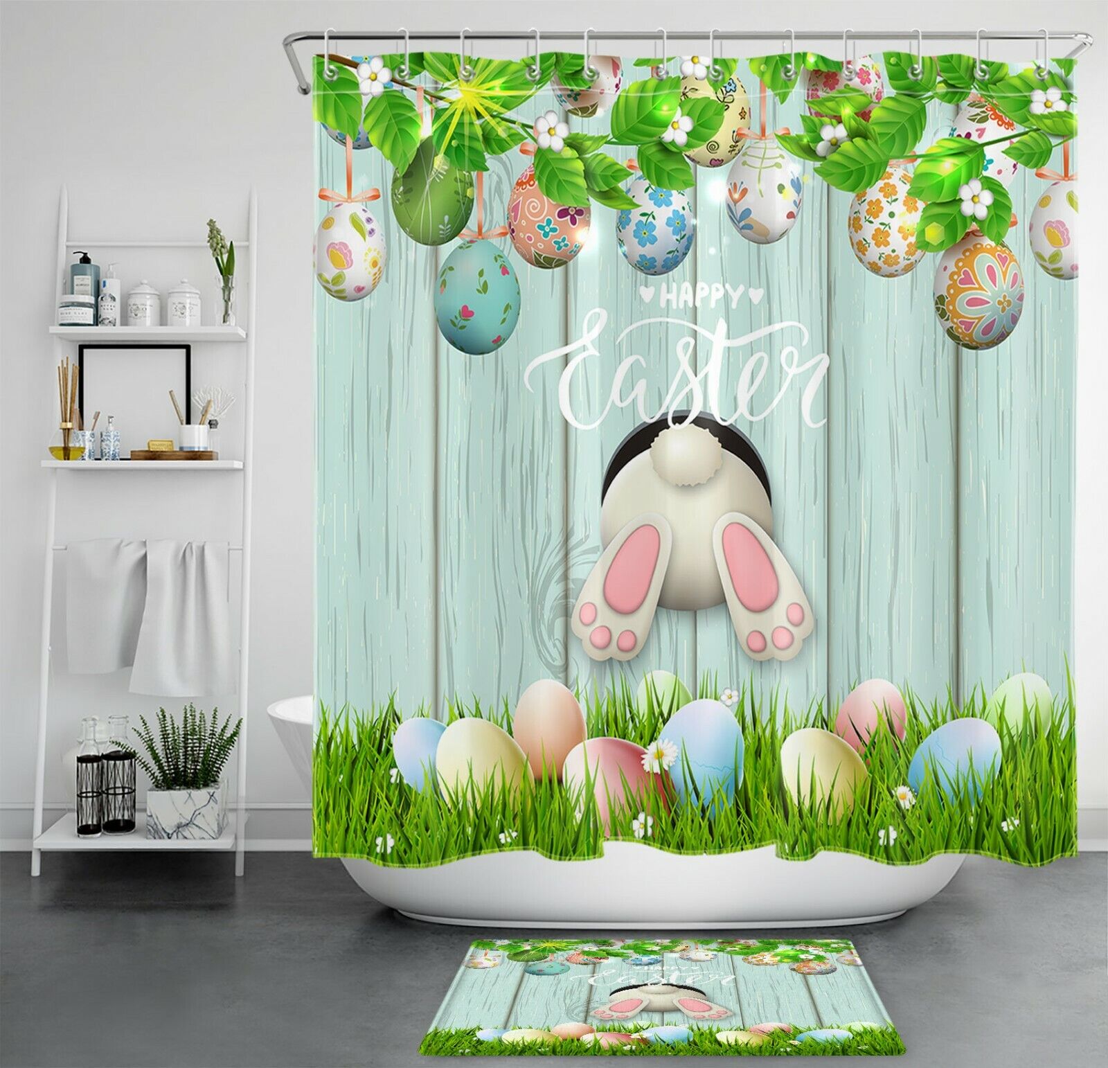 Rustic Board Easter Rabbit Shower Curtain With Funny Blue Eggs For Bathroom Decor