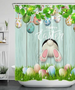 Rustic Board Easter Rabbit Shower Curtain With Funny Blue Eggs For Bathroom Decor
