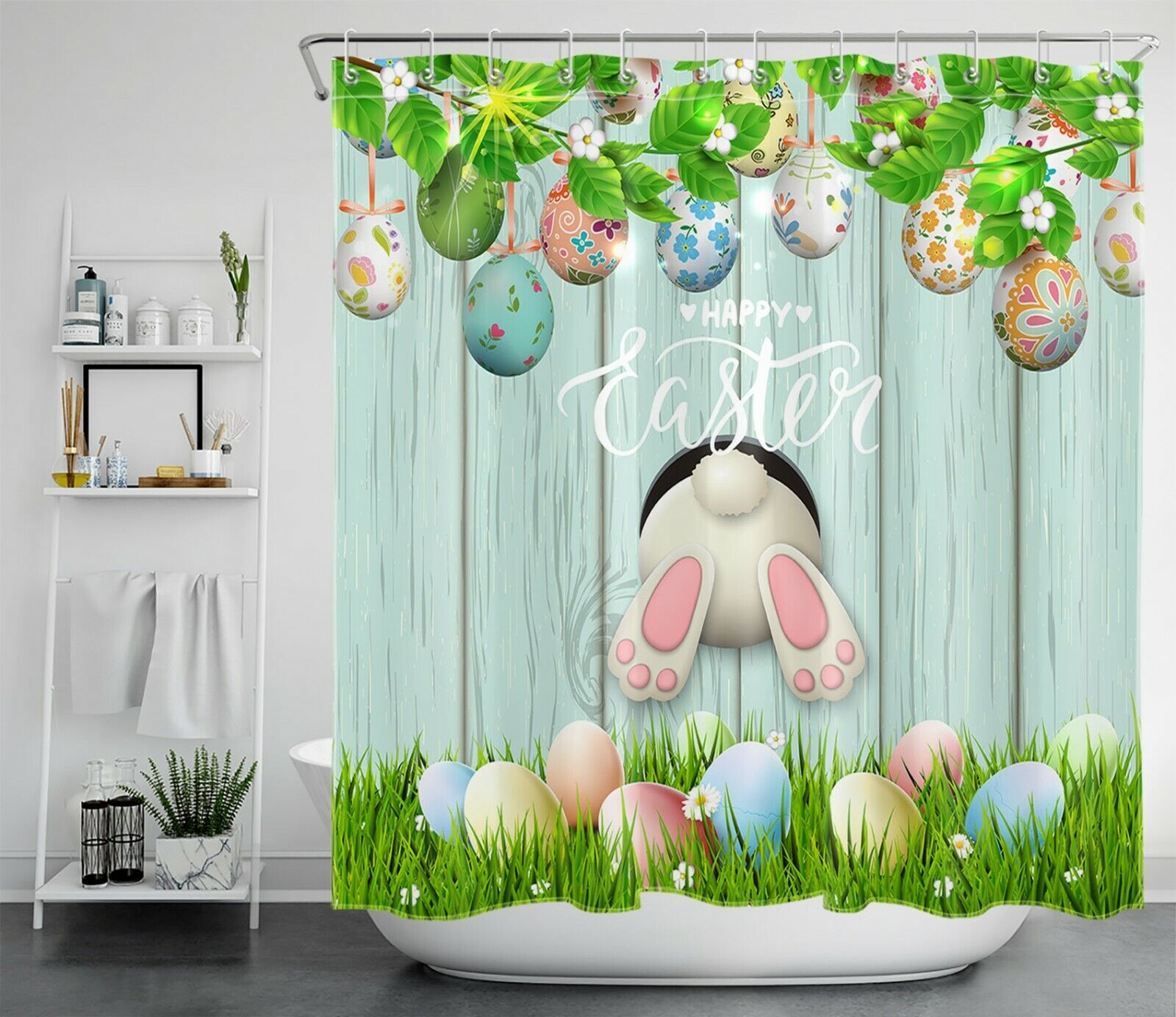 Rustic Board Easter Rabbit Shower Curtain With Funny Blue Eggs For Bathroom Decor