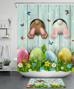 Rustic Board Easter Rabbit Shower Curtain With Funny Tail For Bathroom Decor