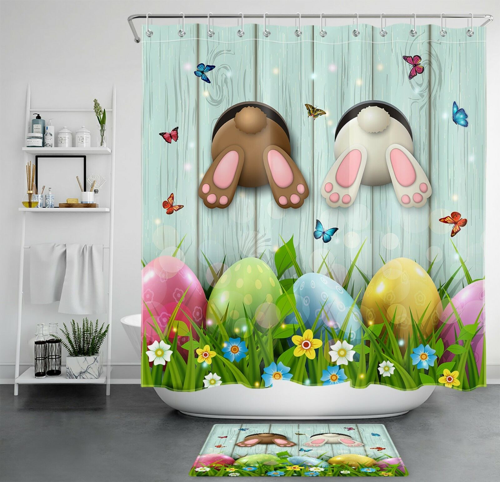 Rustic Board Easter Rabbit Shower Curtain With Funny Tail For Bathroom Decor