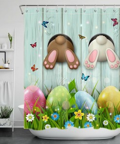 Rustic Board Easter Rabbit Shower Curtain With Funny Tail For Bathroom Decor