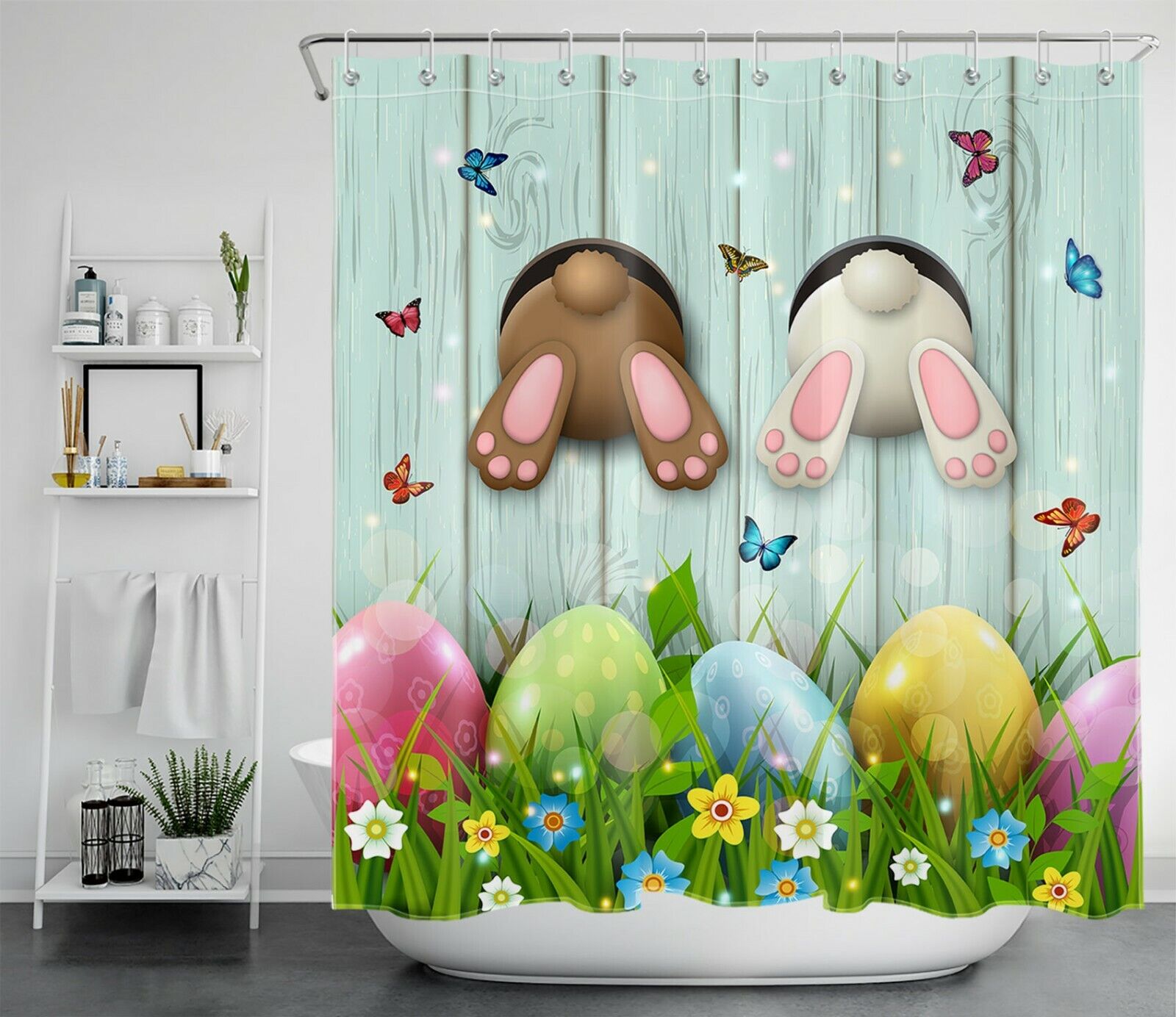 Rustic Board Easter Rabbit Shower Curtain With Funny Tail For Bathroom Decor