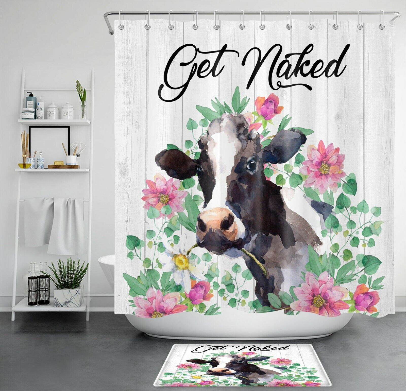 Rustic Board Highland Cow Print Shower Curtain For Vintage Bathroom
