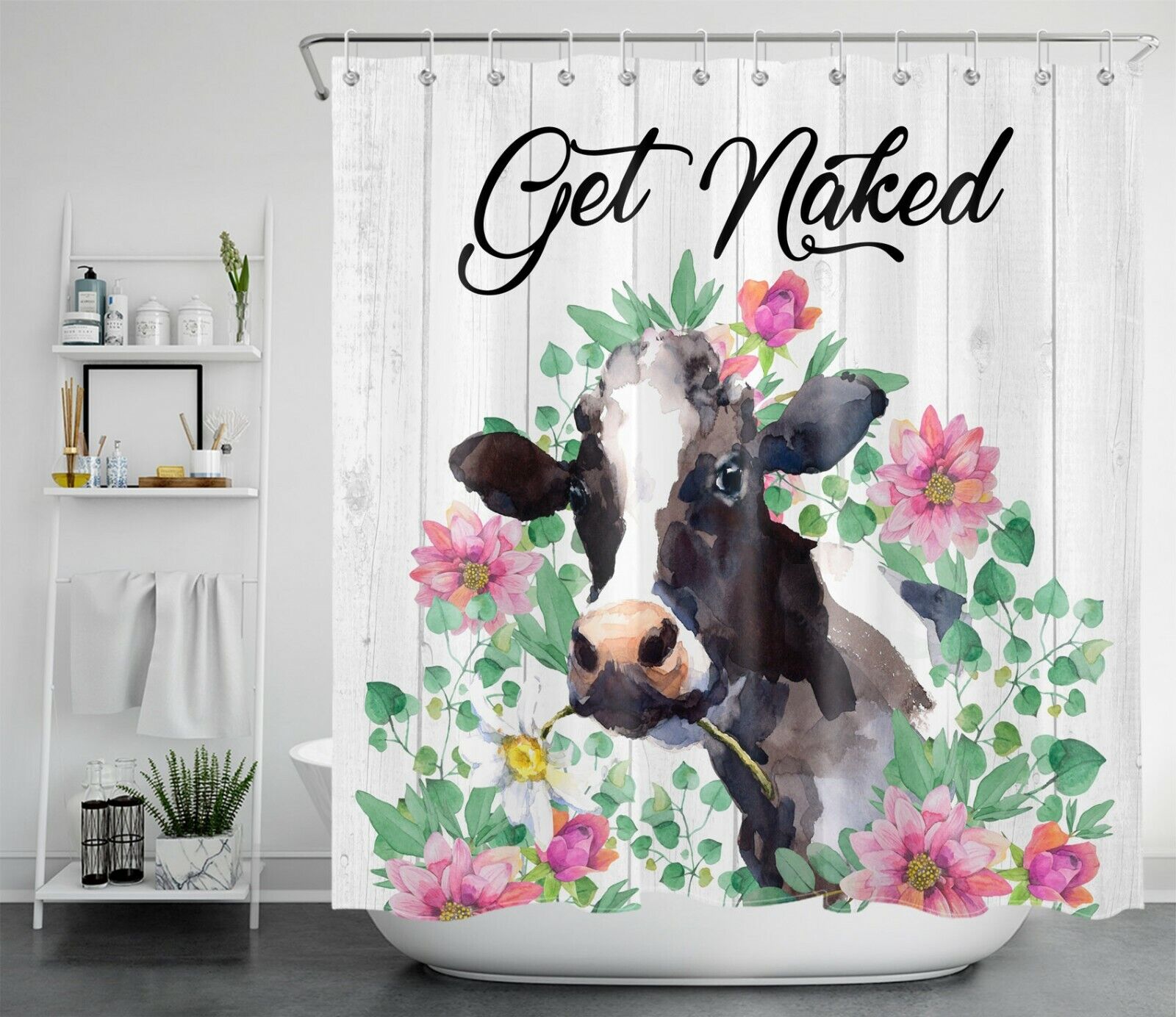 Rustic Board Highland Cow Print Shower Curtain For Vintage Bathroom