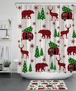 Rustic Board with Christmas Trees, Bears, and Elks Print Shower Curtain, Ideal for a Rustic Winter Bathroom