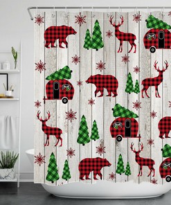 Rustic Board with Christmas Trees, Bears, and Elks Print Shower Curtain, Ideal for a Rustic Winter Bathroom
