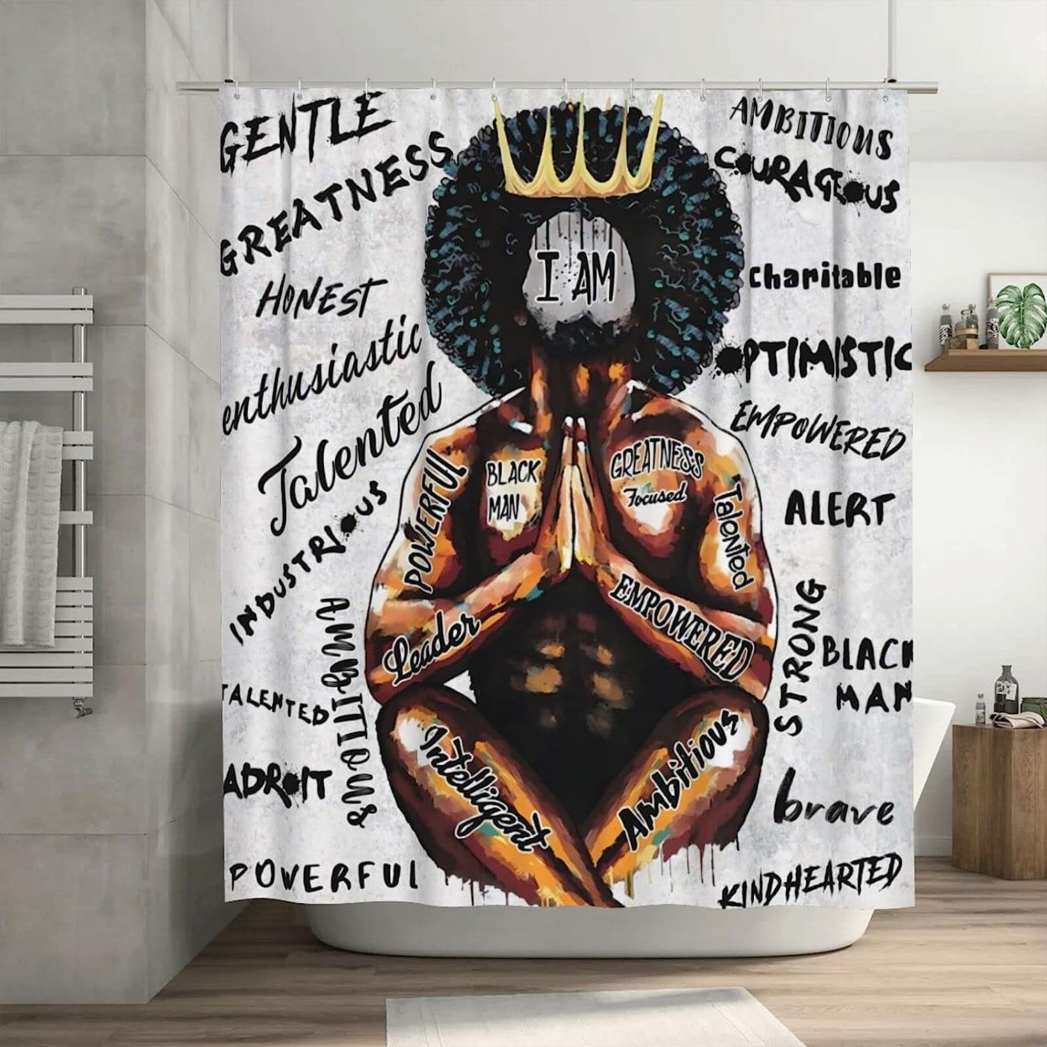 Rustic Boho African American Mens Inspirational Quotes Men Crown Bathroom Decorr Shower Curtain