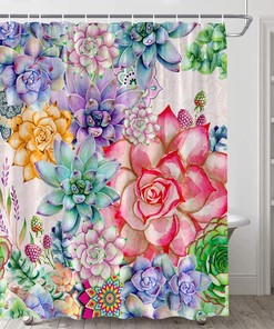 Rustic Boho Floral Shower Curtain With Succulent Plant And Cactus Theme For Natural Bathroom
