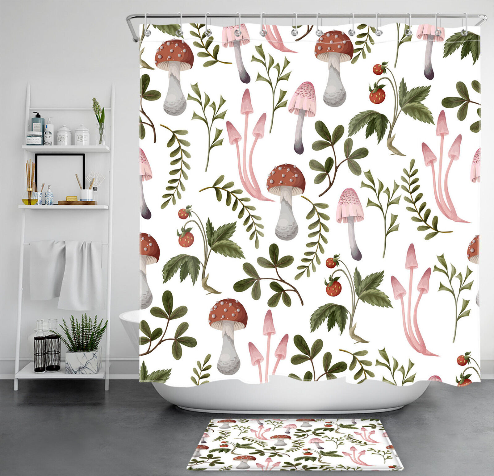 Rustic Botanical Leaf Red Mushroom Shower Curtain For Bathroom Decor