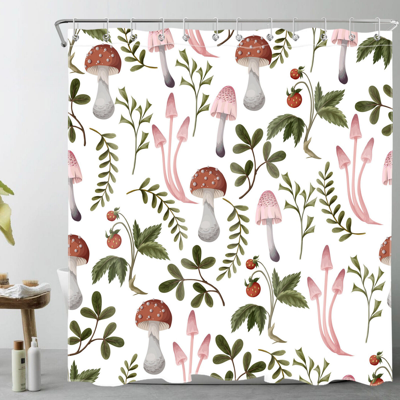 Rustic Botanical Leaf Red Mushroom Shower Curtain For Bathroom Decor