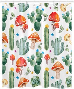 Rustic Botanical Shower Curtain, Green Cactus Succulent And Western Plant On White Fabric, Red Mushroom And Pink Floral