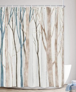Rustic Brown Blue Tree Fabric Shower Curtain Abstract Birch Forest Waterproof Bath Curtain