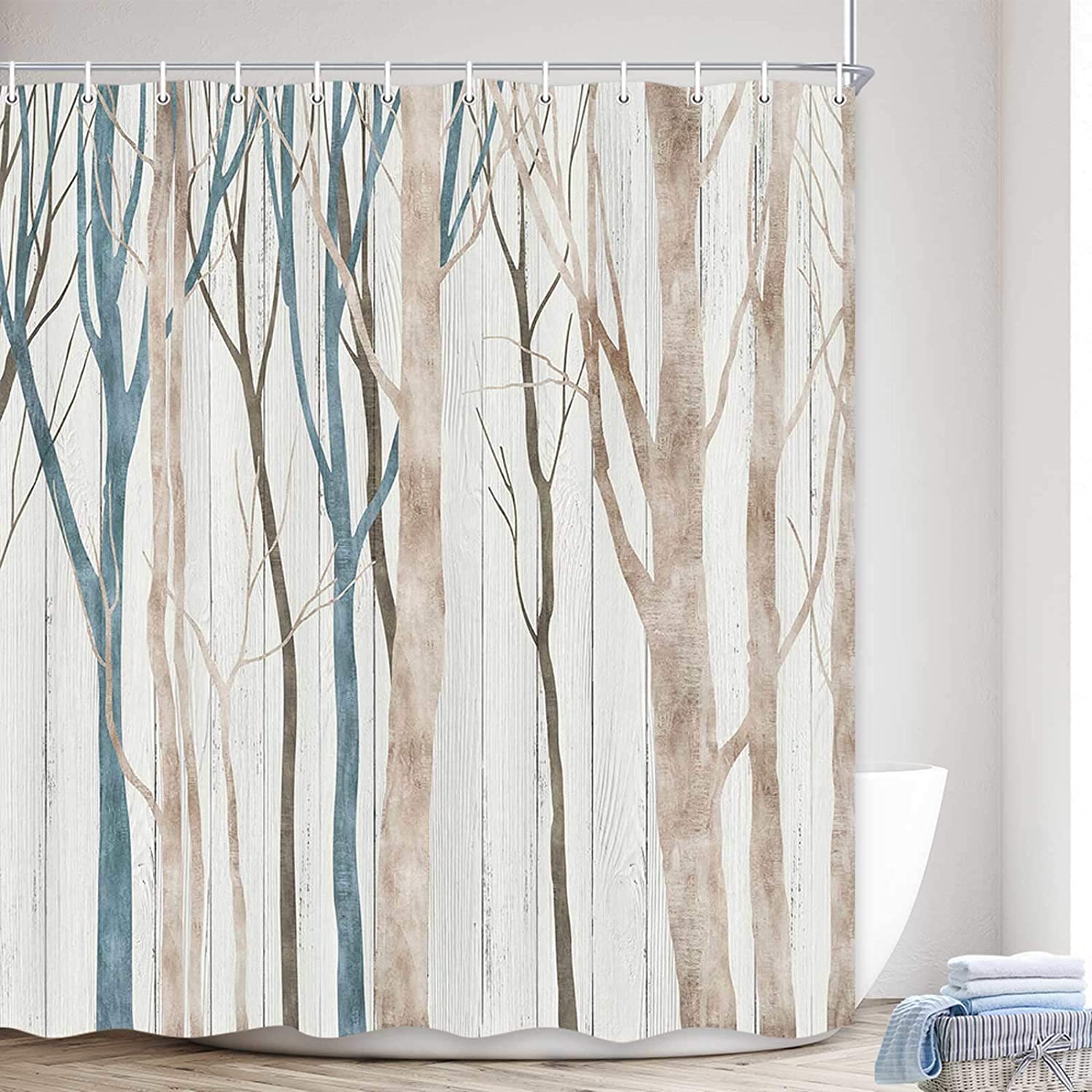Rustic Brown Blue Tree Fabric Shower Curtain Abstract Birch Forest Waterproof Bath Curtain
