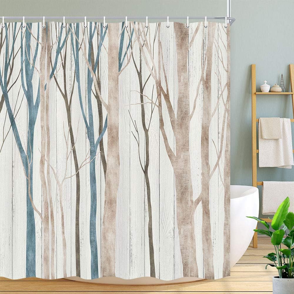Rustic Brown Blue Tree Fabric Shower Curtain Abstract Birch Forest Waterproof Bath Curtain - Image 2