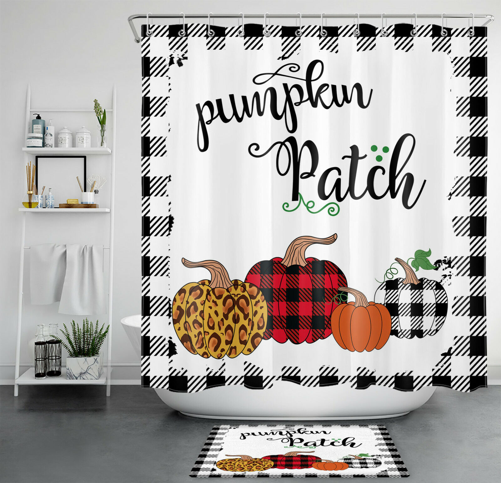 Rustic Buffalo Plaid Pumpkin Shower Curtain For Fall Thanksgiving Bathroom Decor