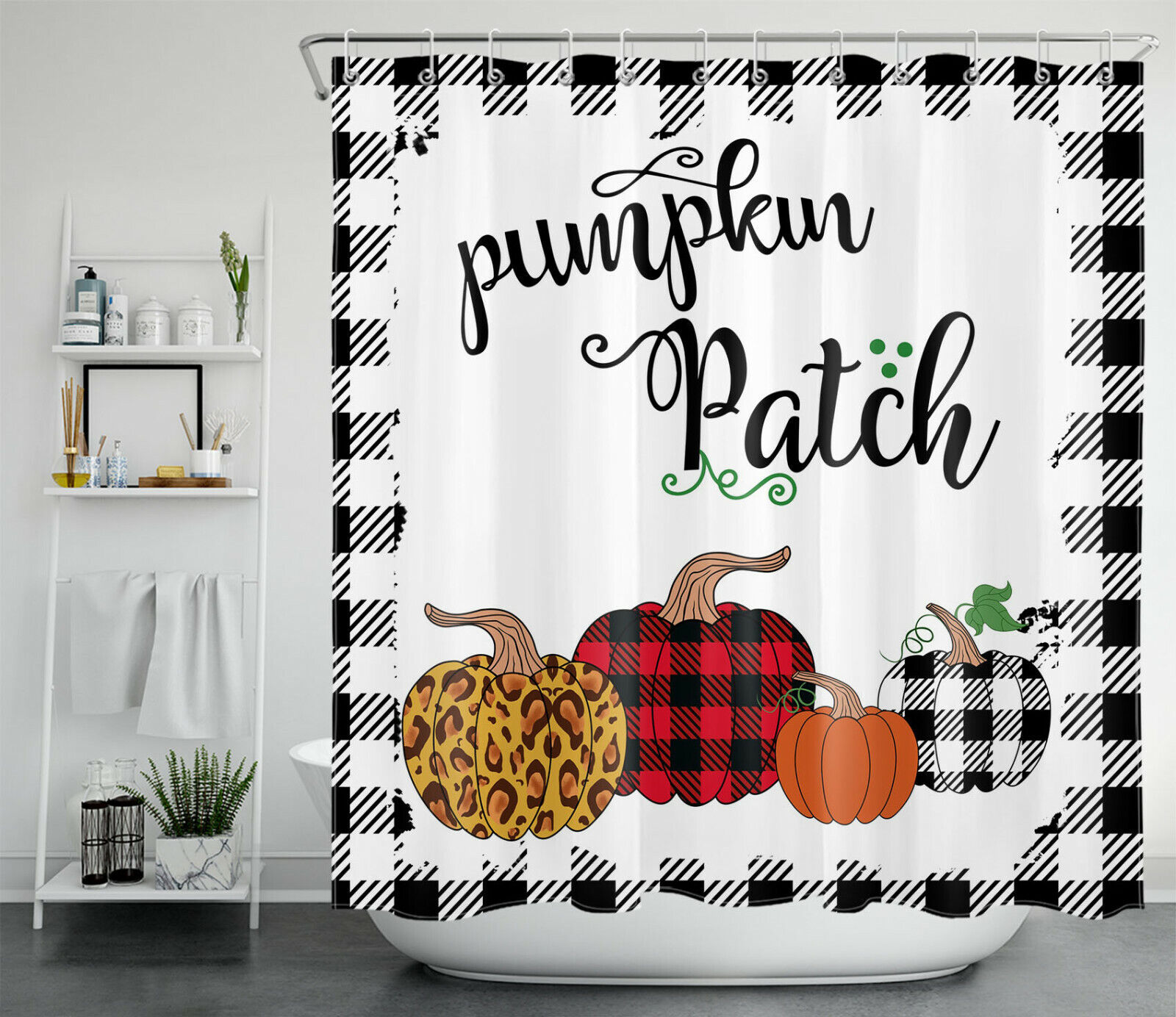 Rustic Buffalo Plaid Pumpkin Shower Curtain For Fall Thanksgiving Bathroom Decor