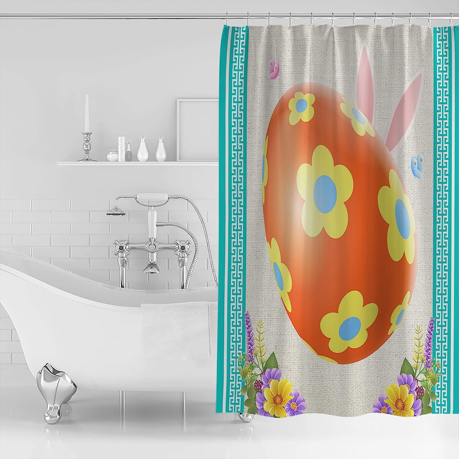 Rustic Burlap Easter Shower Curtain - LB Spring Floral Egg Bunny Bunny Fabric Bathroom Decor
