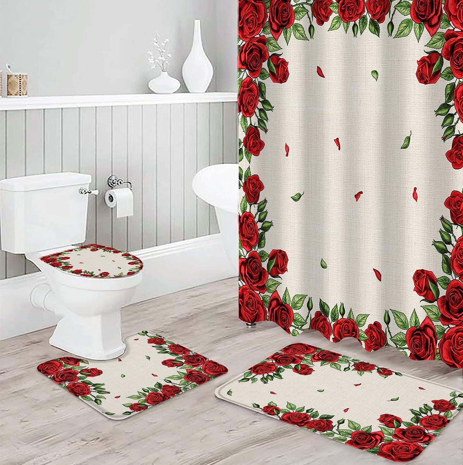 Rustic Burlap Red Roses Flowers Botanical Print Shower Curtain for Valentine's Day