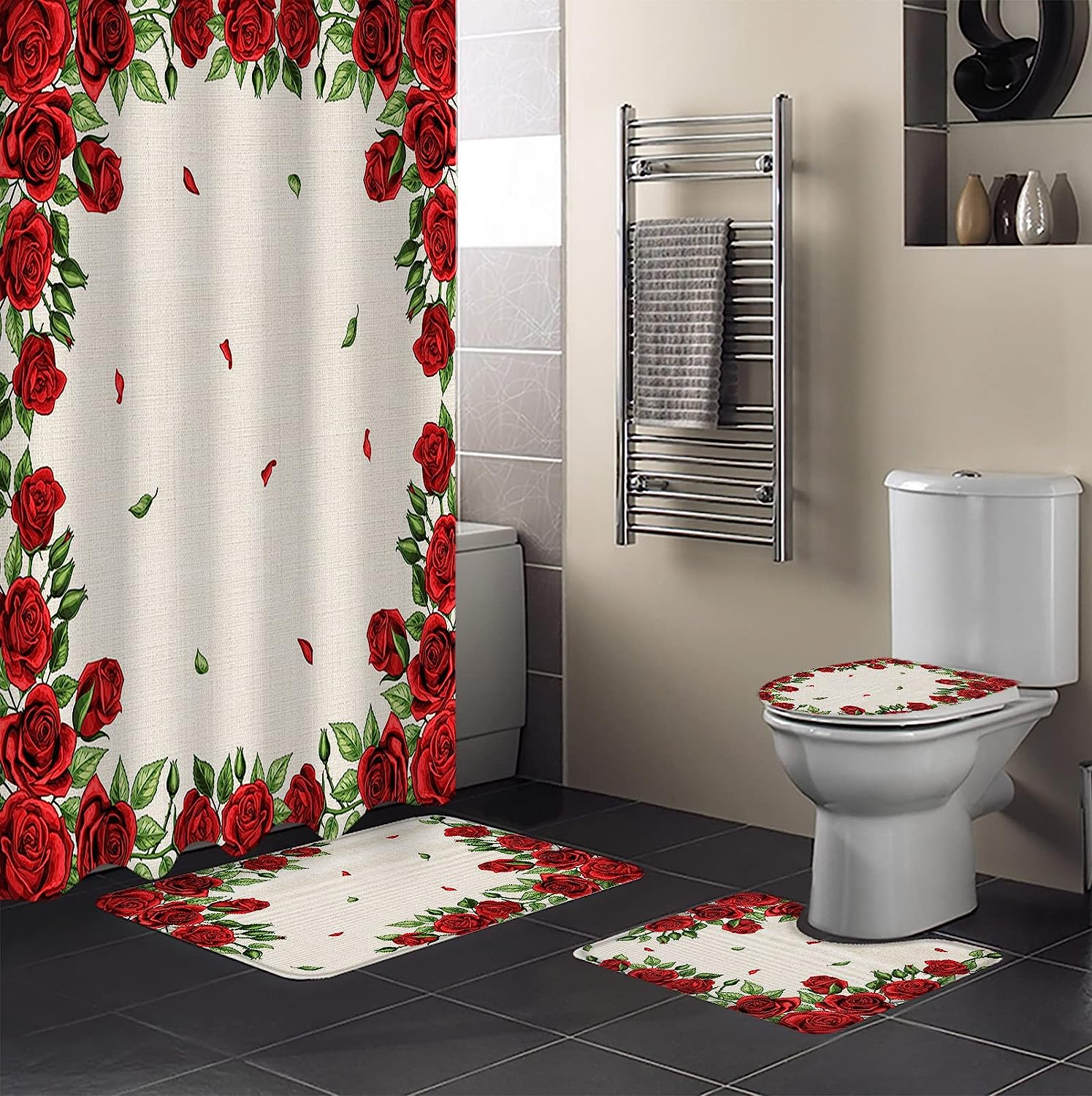 Rustic Burlap Red Roses Flowers Botanical Print Shower Curtain for Valentine's Day