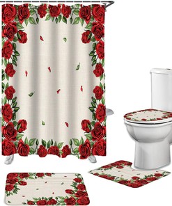 Rustic Burlap Red Roses Flowers Botanical Print Shower Curtain for Valentine's Day
