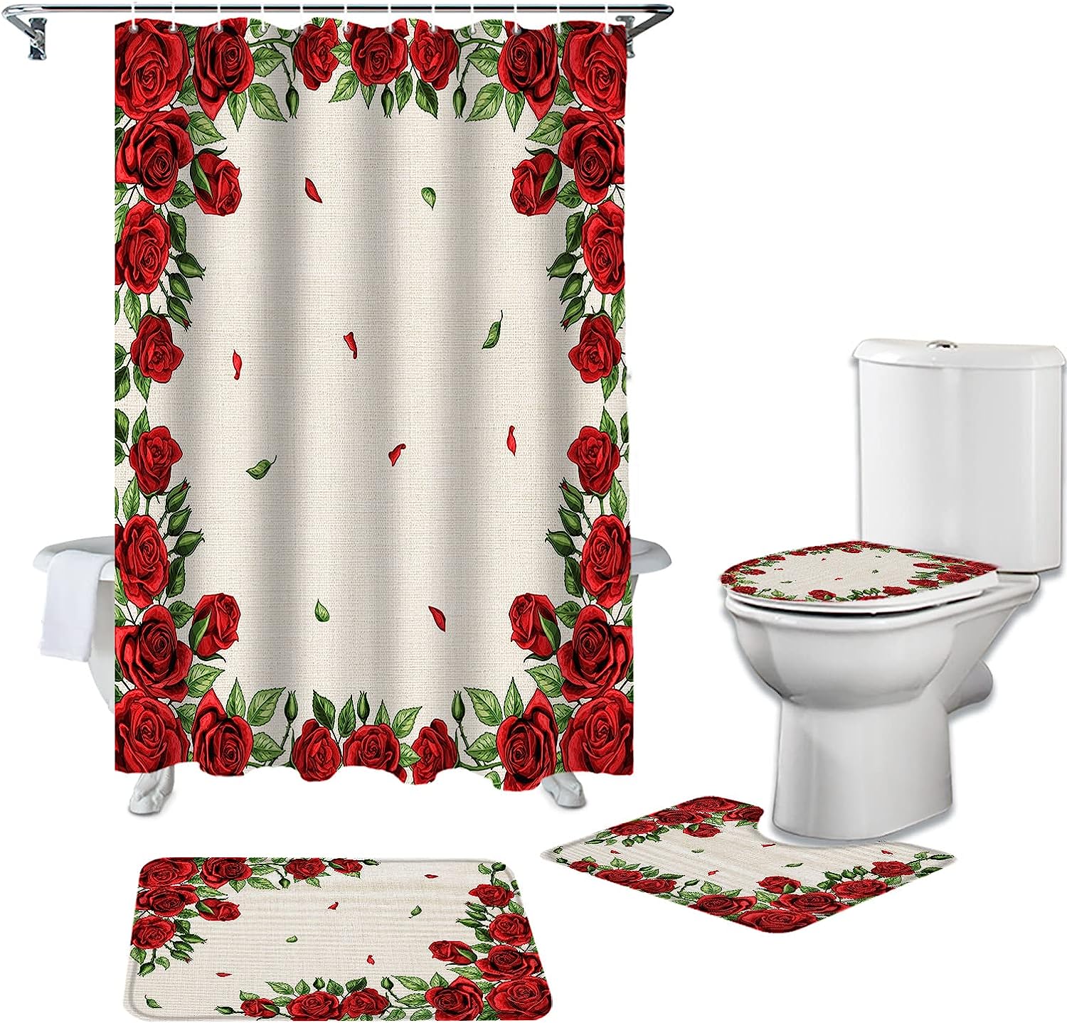 Rustic Burlap Red Roses Flowers Botanical Print Shower Curtain for Valentine's Day
