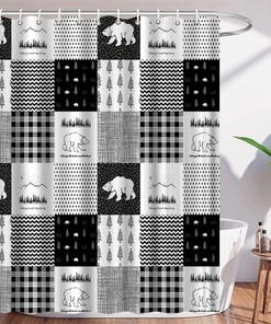 Rustic Cabin Bear Shower Curtain With Wildlife Animal Adventure Design For Farmhouse Lodge Plaid Men Camp