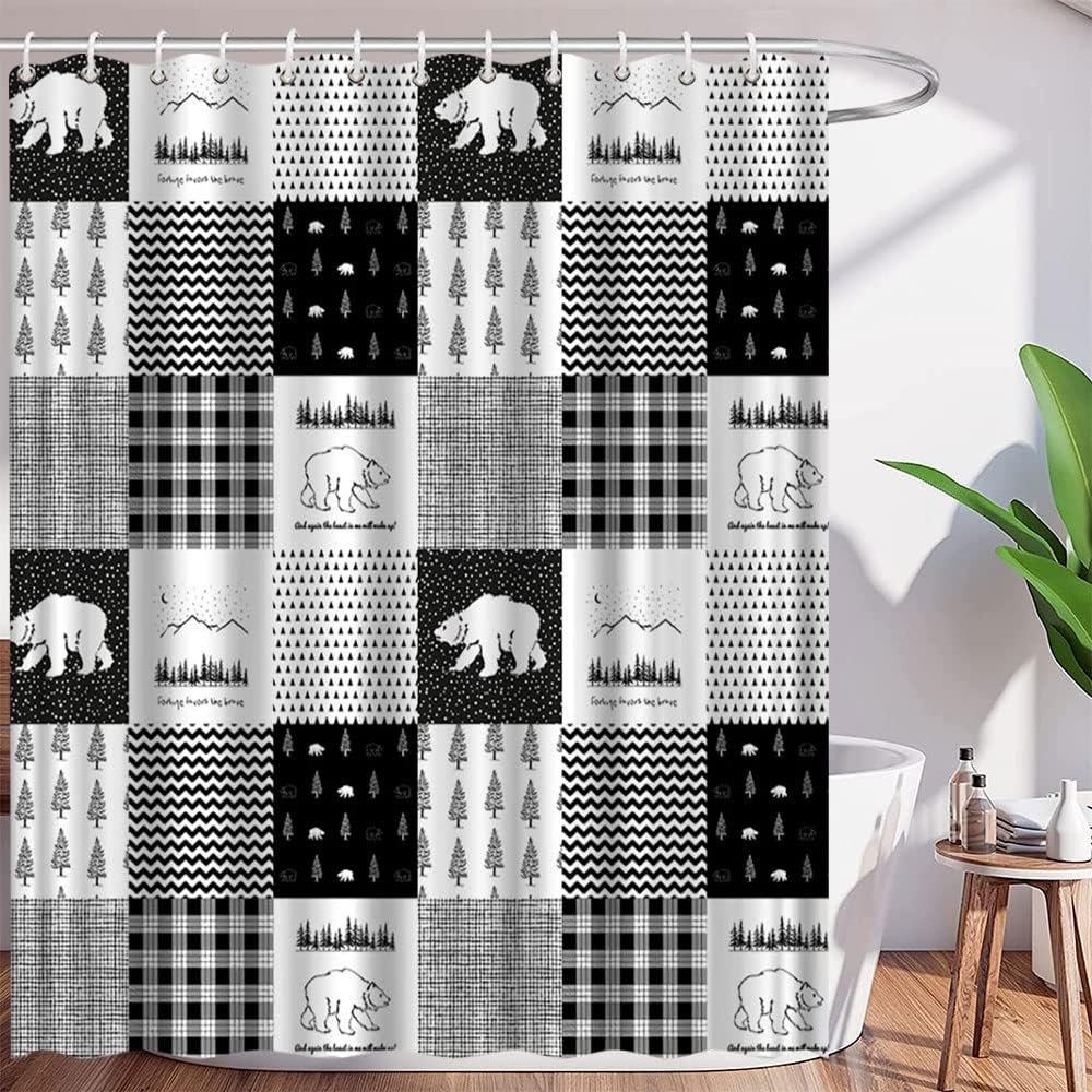 Rustic Cabin Bear Shower Curtain With Wildlife Animal Adventure Design For Farmhouse Lodge Plaid Men Camp