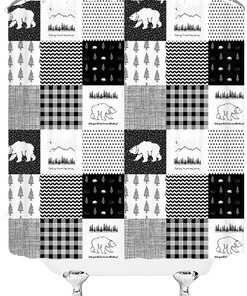 Rustic Cabin Bear Shower Curtain With Wildlife Animal Adventure Design For Farmhouse Lodge Plaid Men Camp