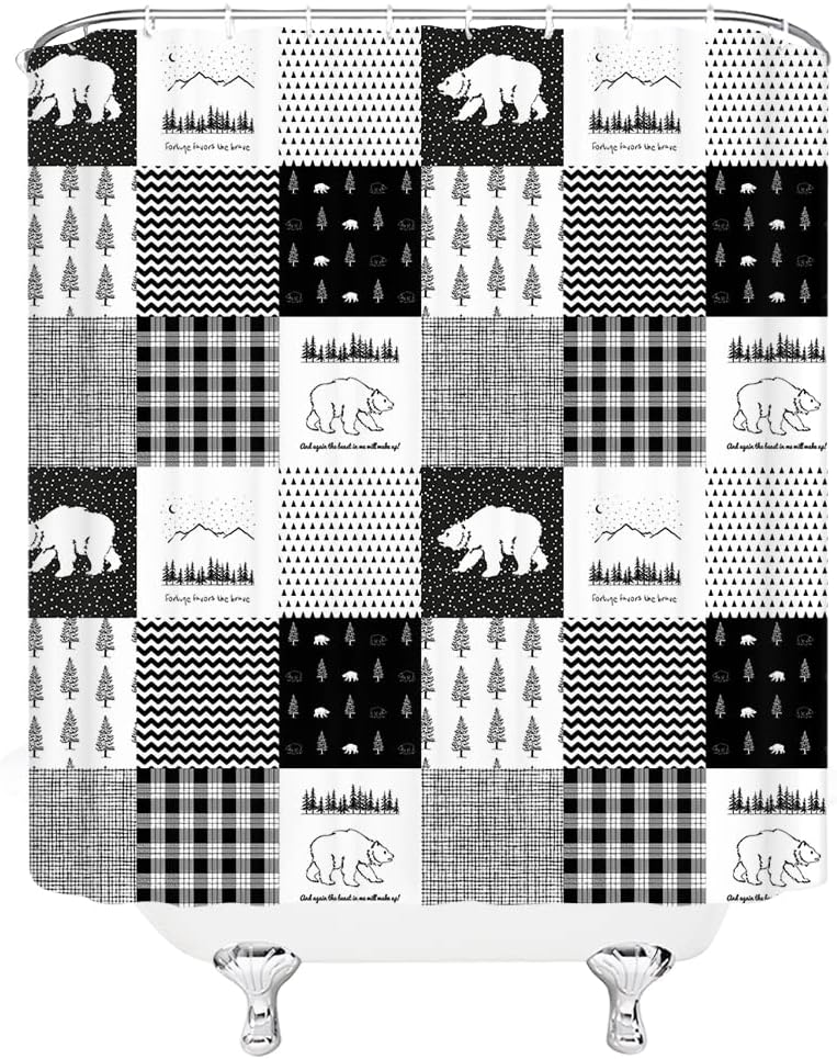 Rustic Cabin Bear Shower Curtain With Wildlife Animal Adventure Design For Farmhouse Lodge Plaid Men Camp