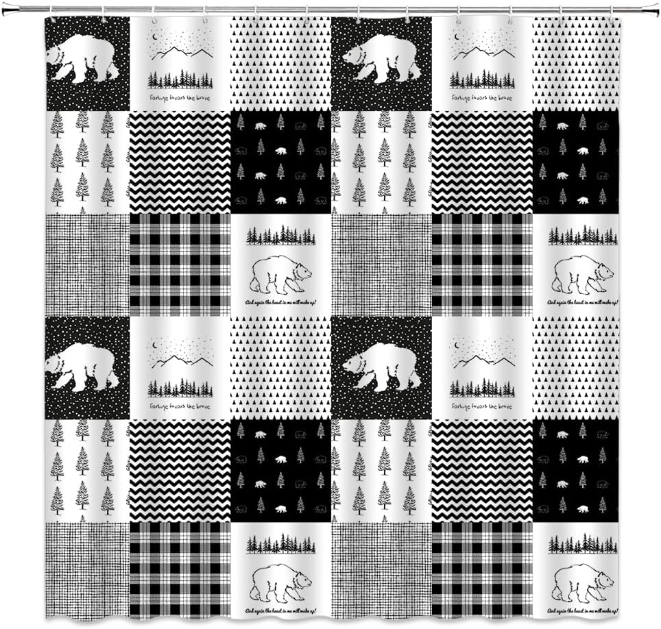 Rustic Cabin Bear Shower Curtain With Wildlife Animal Adventure Design For Farmhouse Lodge Plaid Men Camp
