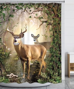 Rustic Cabin Deer Shower Curtain with Retro Fall Forest Moose Prints for Woodland Wildlife Look