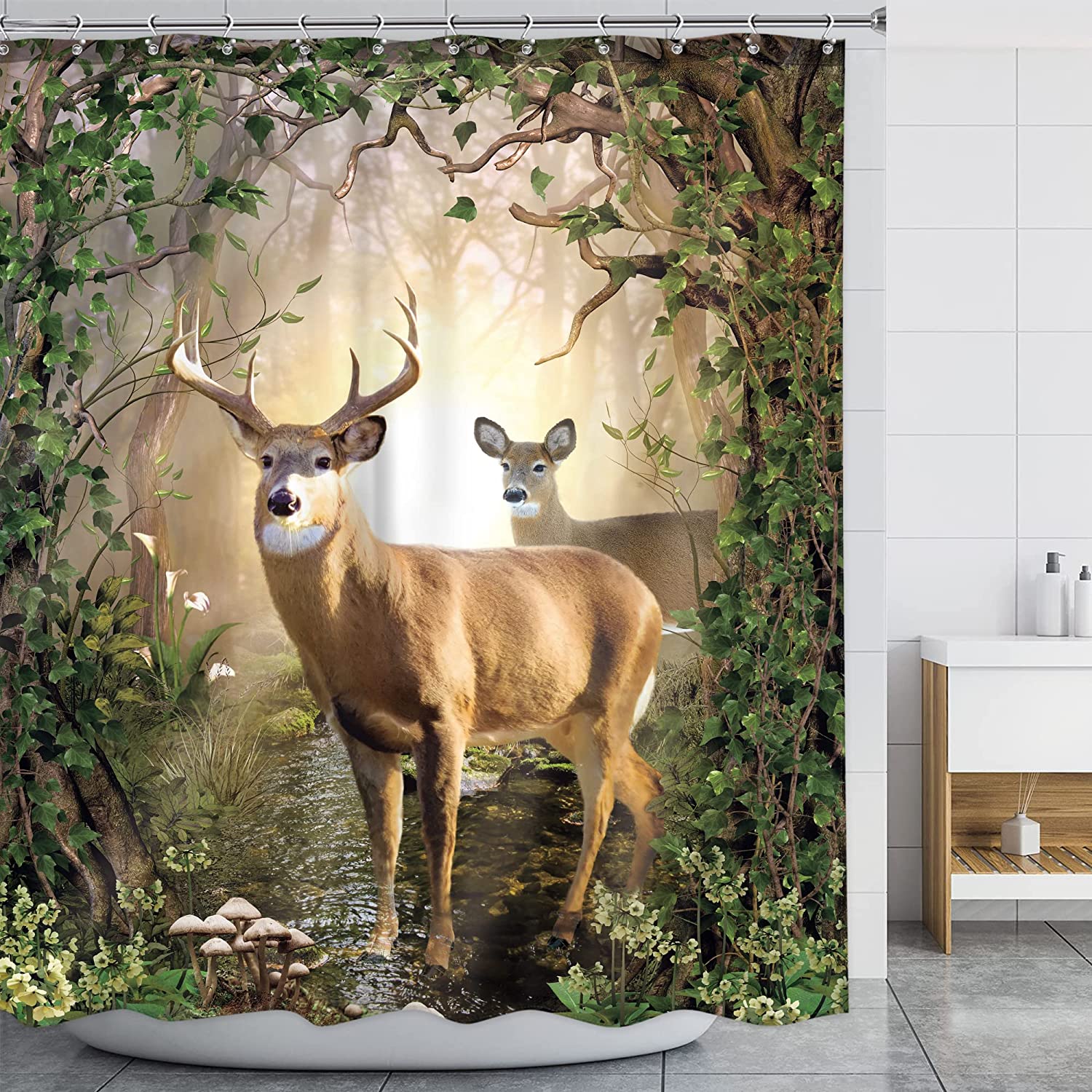 Rustic Cabin Deer Shower Curtain with Retro Fall Forest Moose Prints for Woodland Wildlife Look