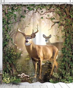 Rustic Cabin Deer Shower Curtain with Retro Fall Forest Moose Prints for Woodland Wildlife Look
